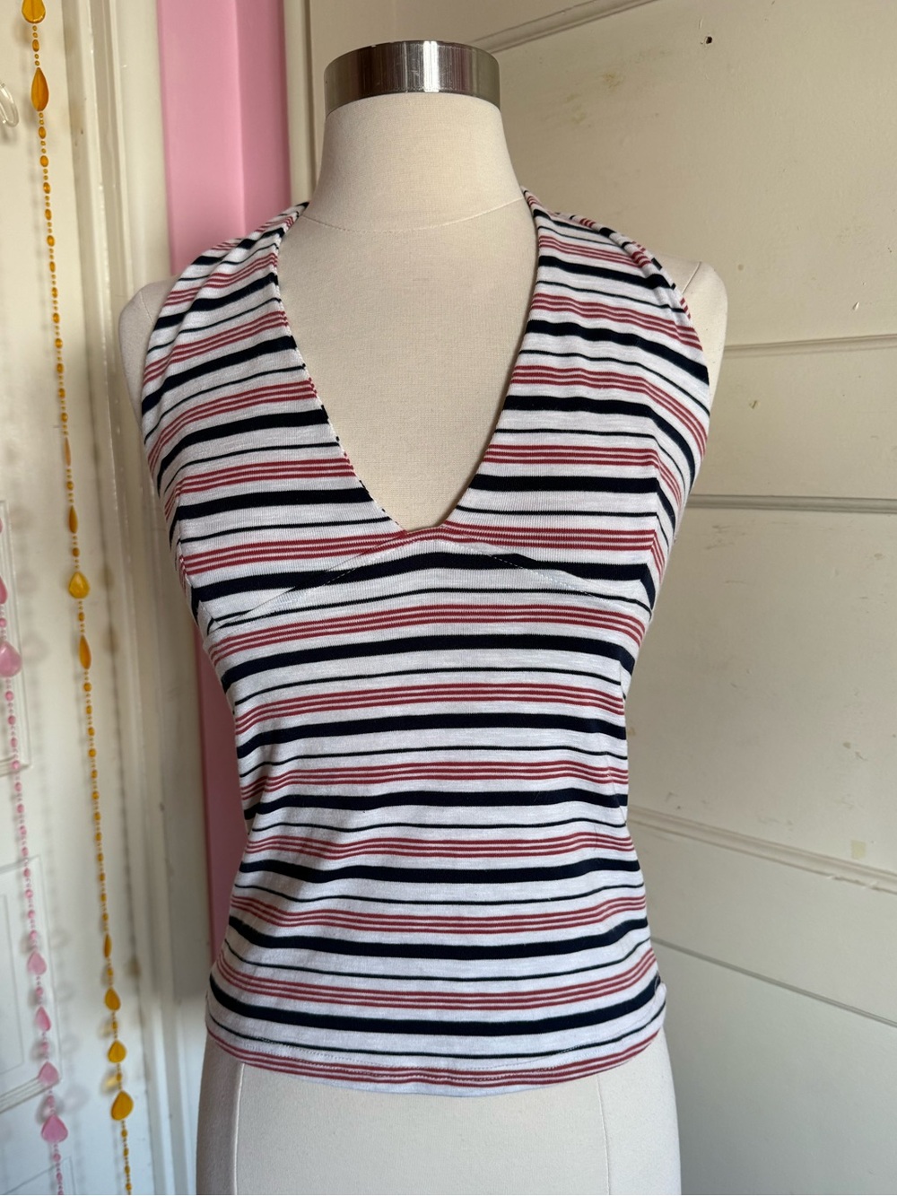 Gaze Y2K Striped Halter Top Red White Navy Size S